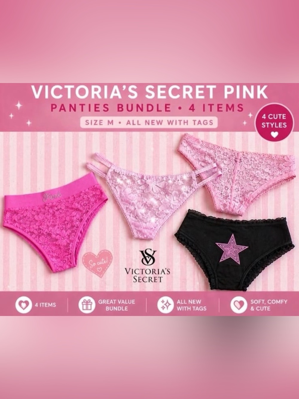 Victoria’s Secret PINK Panties Bundle (4 Items) Lace Thong + Bikini + Rhinestone